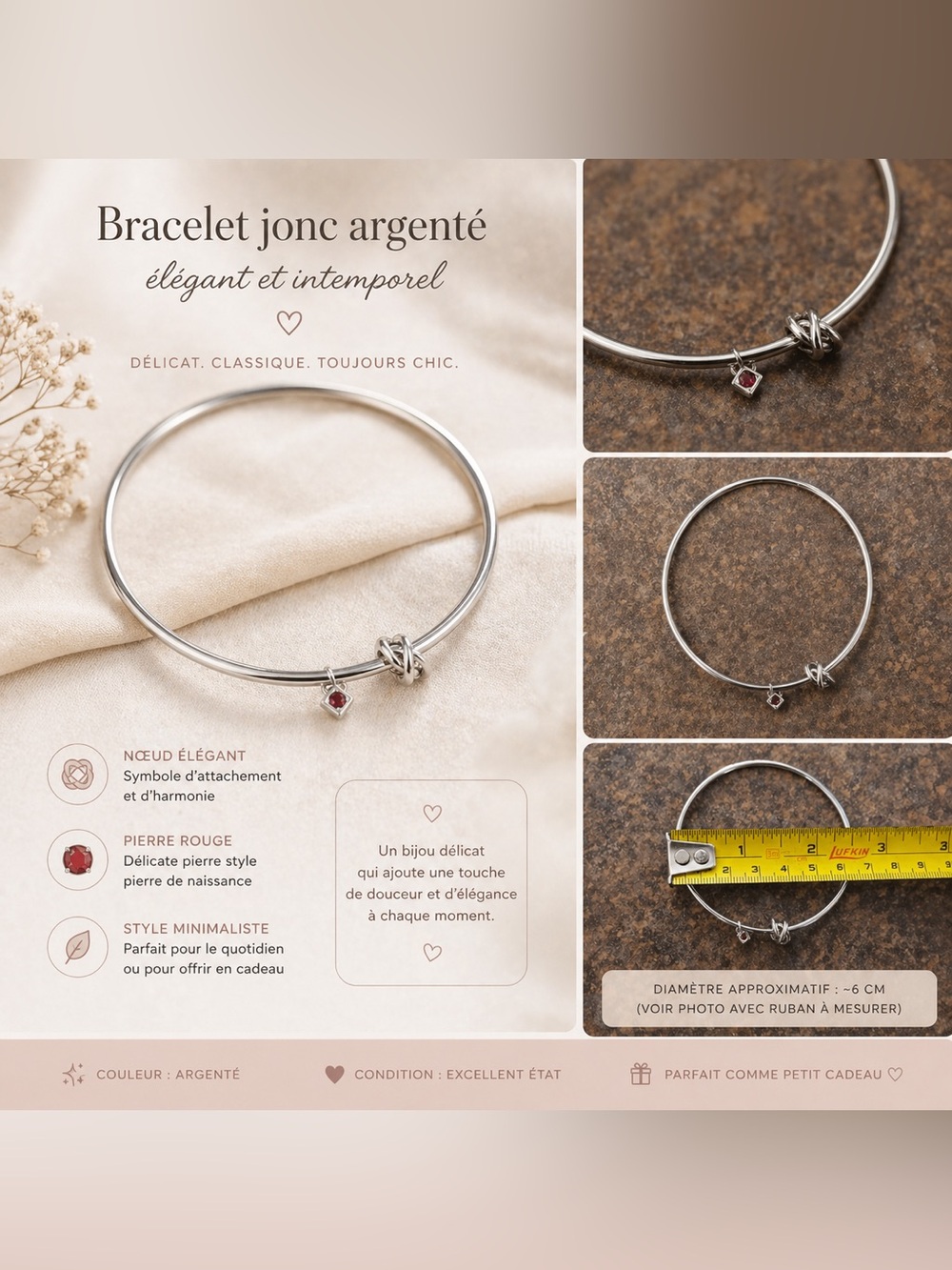 Elle Silver Bangle with Red Stone Accent